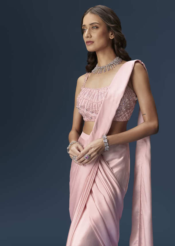 Pink Ready Pleated Saree With Embroidered Blouse