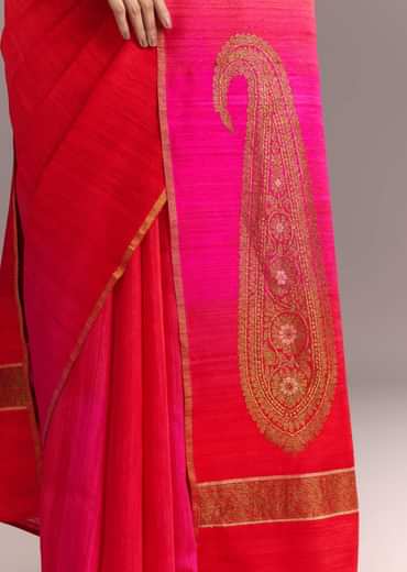 Pink Red Kora Silk Handloom Saree With Woven Traditional Motif
