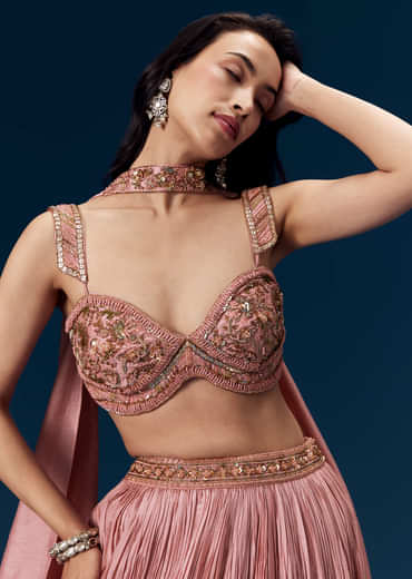 Pink Ruched Bridesmaid Lehega with Choker Dupatta