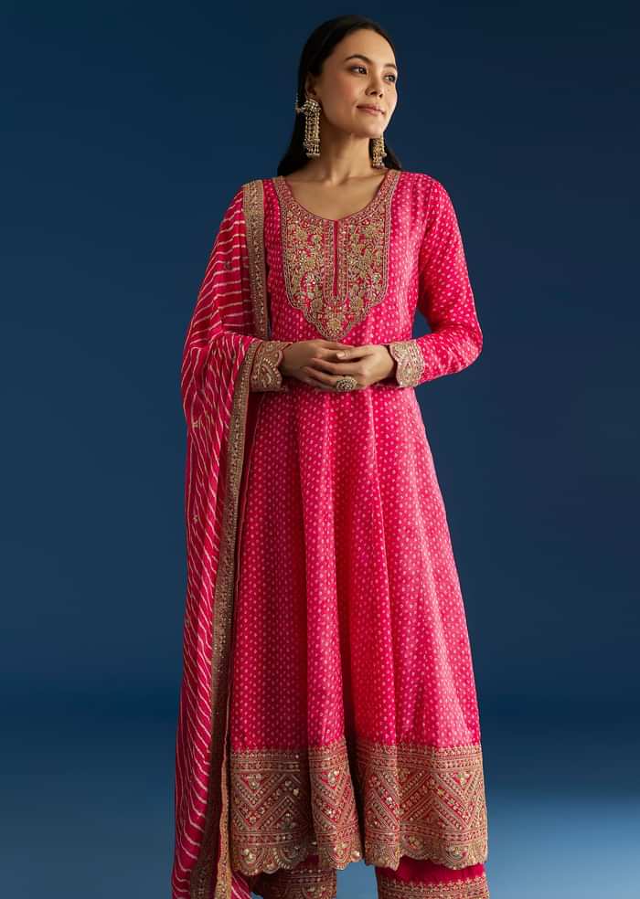 Pink Russian Silk Bandhani Anarkali With Leheriya Dupatta