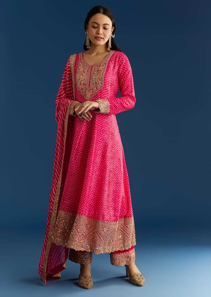 Pink Russian Silk Bandhani Anarkali With Leheriya Dupatta