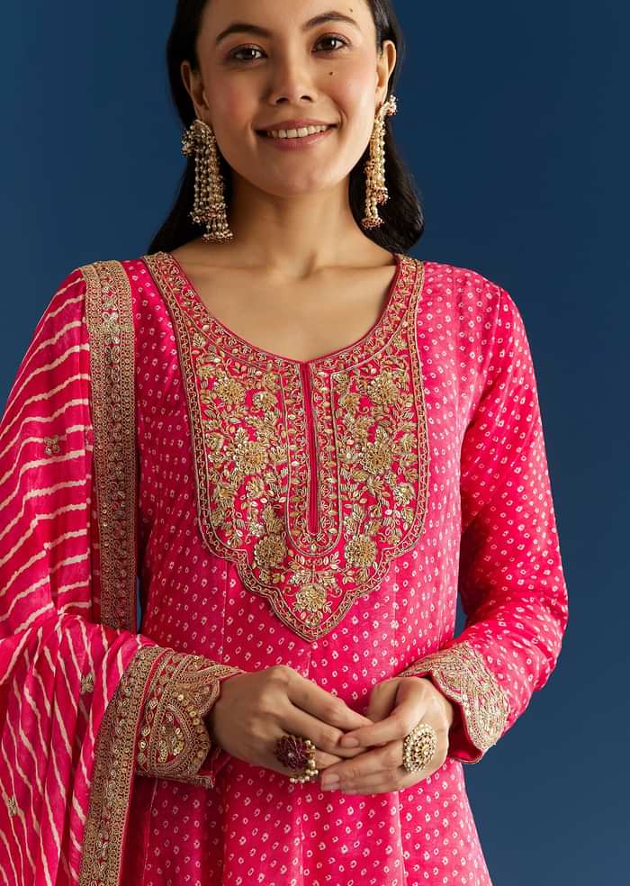 Pink Russian Silk Bandhani Anarkali With Leheriya Dupatta
