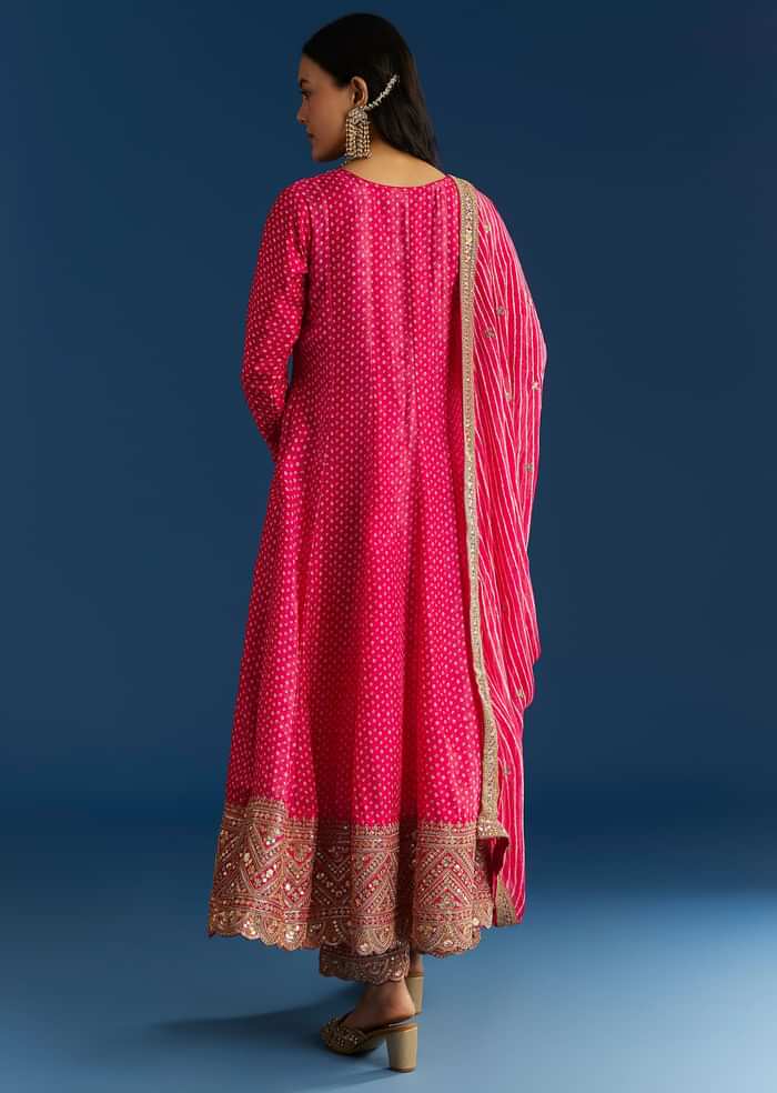 Pink Russian Silk Bandhani Anarkali With Leheriya Dupatta