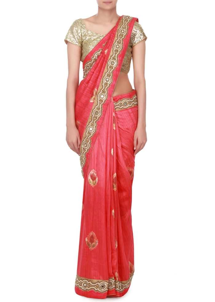 Pink saree adorn in zardosi and sequin butti only on kalki