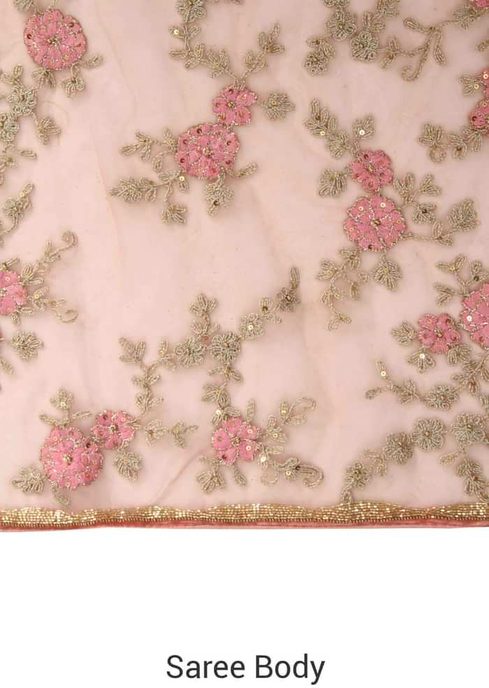 Pink saree embellished in resham in floral motif only on Kalki