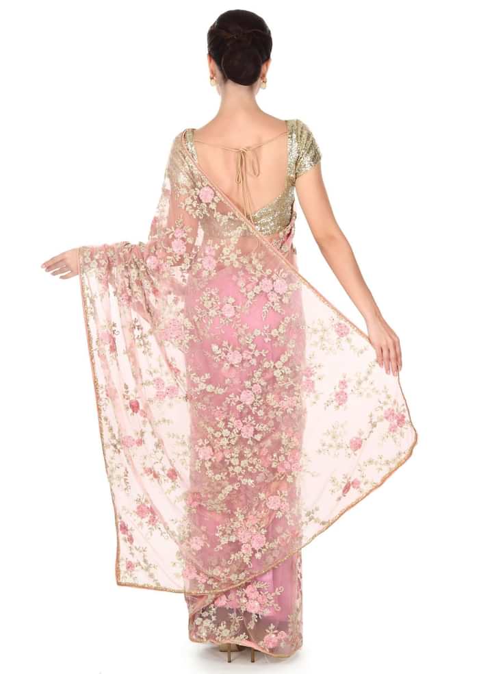 Pink saree embellished in resham in floral motif only on Kalki