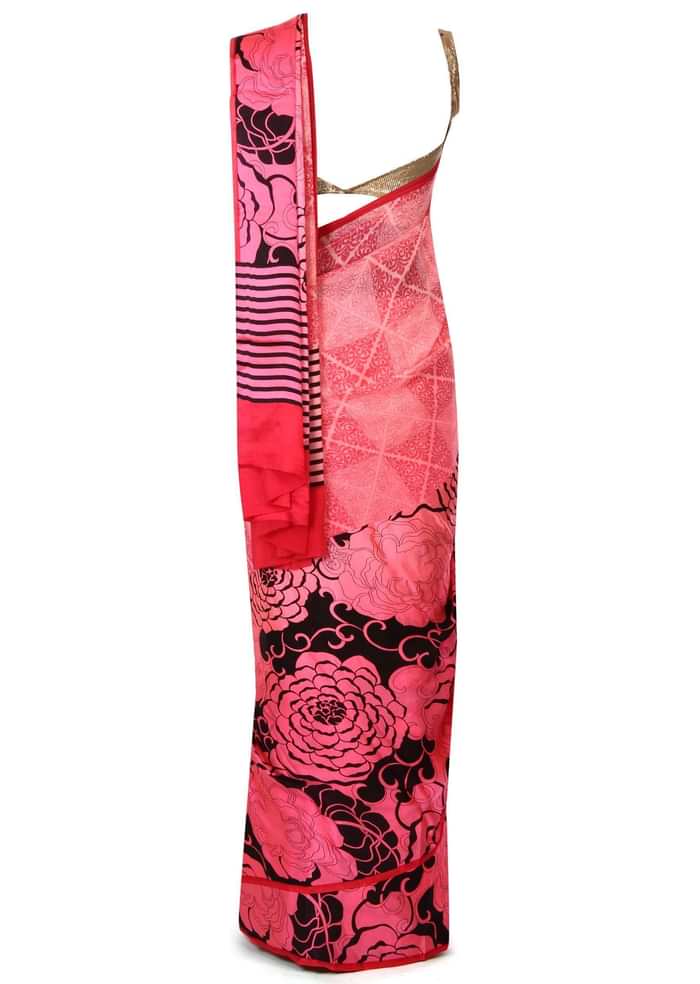 Pink saree in floral and checks print only on Kalki