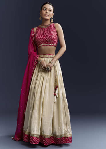 Pink Satin Bridesmaid Lehenga With Hand Dyed Chevron Print Choli