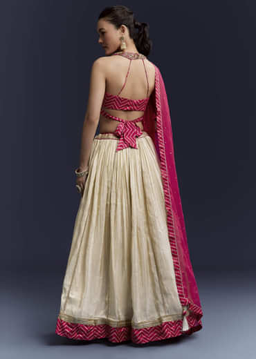 Pink Satin Bridesmaid Lehenga With Hand Dyed Chevron Print Choli