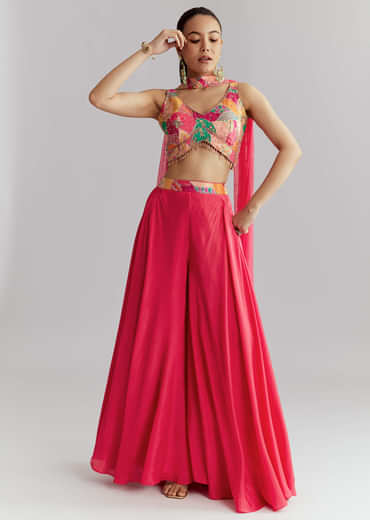 Pink Satin Crop Top Palazzo Pant Set With Heavy Embroidery