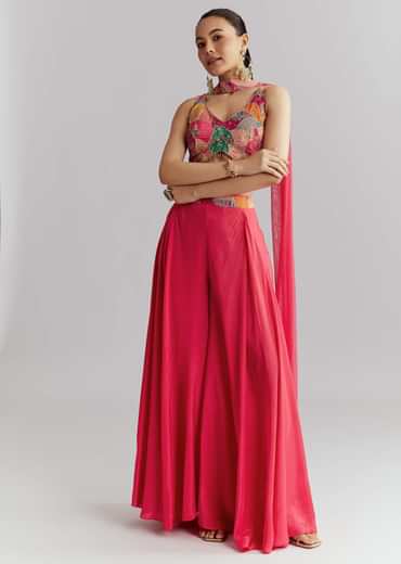 Pink Satin Crop Top Palazzo Pant Set With Heavy Embroidery