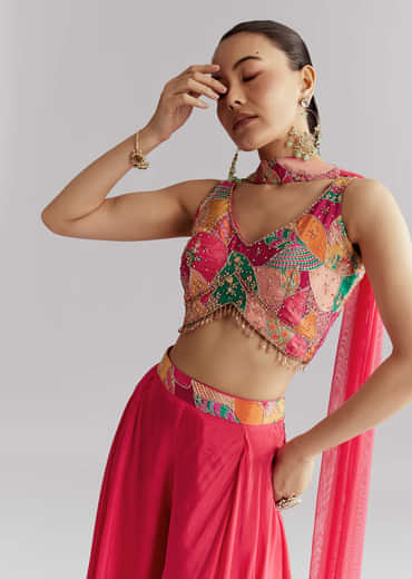 Pink Satin Crop Top Palazzo Pant Set With Heavy Embroidery