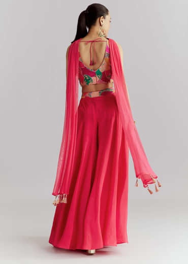 Pink Satin Crop Top Palazzo Pant Set With Heavy Embroidery