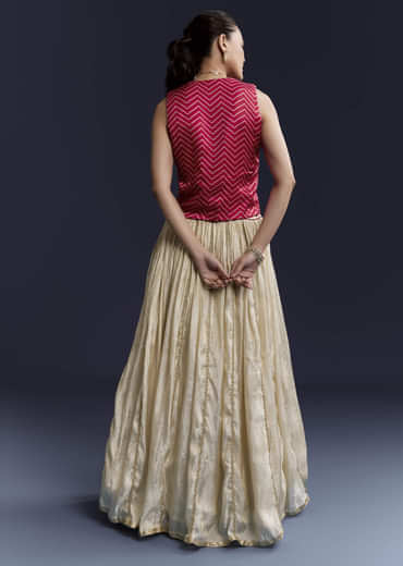 Pink Satin Festive Lehenga With Hand Dyed Chevron Print Jacket