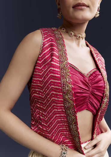 Pink Satin Festive Lehenga With Hand Dyed Chevron Print Jacket