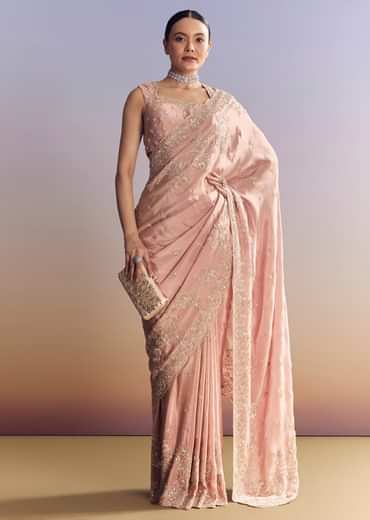 Pink Satin Saree With Scalloped Embroidery