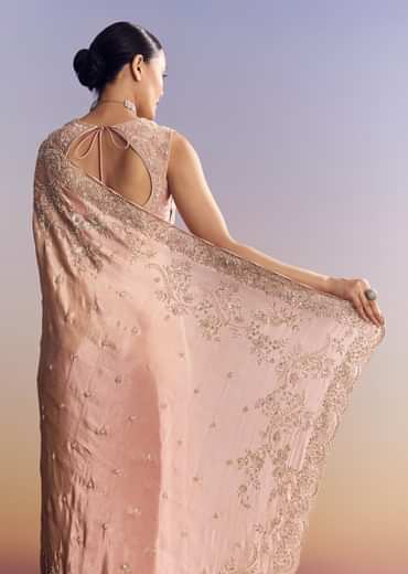 Pink Satin Saree With Scalloped Embroidery