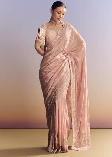 Pink Satin Saree With Scalloped Embroidery