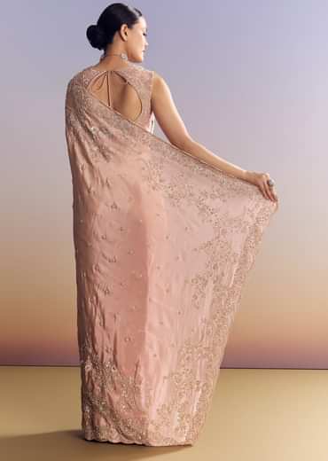 Pink Satin Saree With Scalloped Embroidery