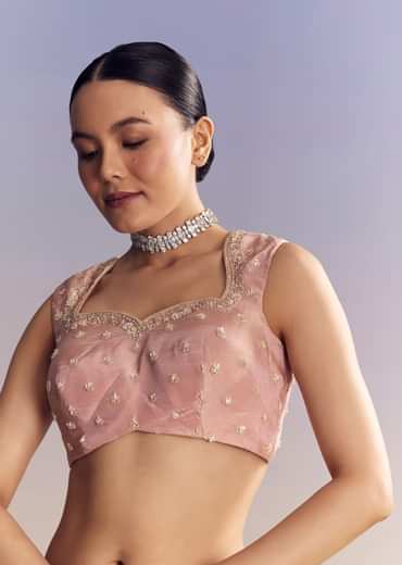 Pink Satin Saree With Scalloped Embroidery