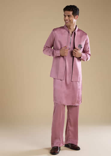 Pink Satin Silk Jacket and Kurta Set with Metal Work