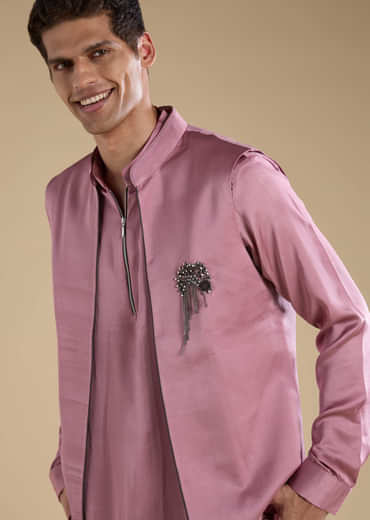 Pink Satin Silk Jacket and Kurta Set with Metal Work