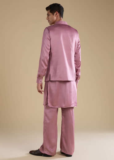 Pink Satin Silk Jacket and Kurta Set with Metal Work