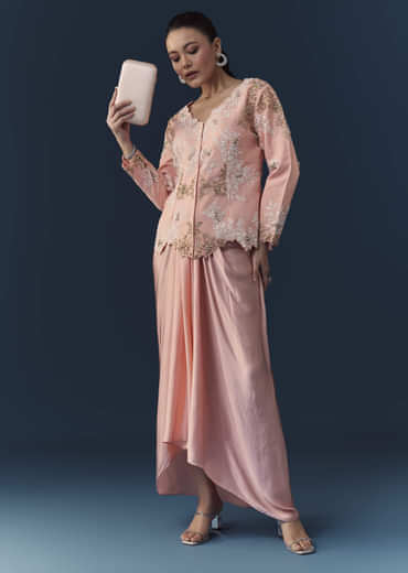 Pink Satin Silk Top Skirt Set with Moti Embellishments