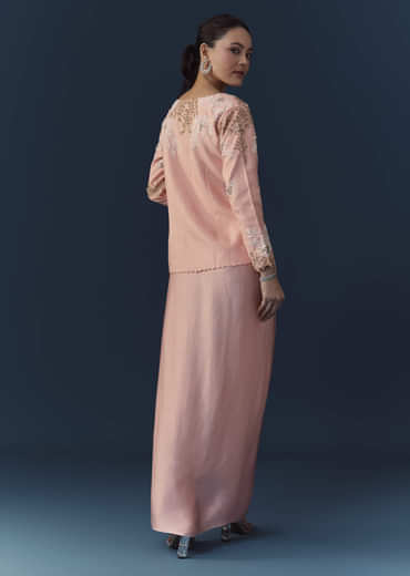 Pink Satin Silk Top Skirt Set with Moti Embellishments