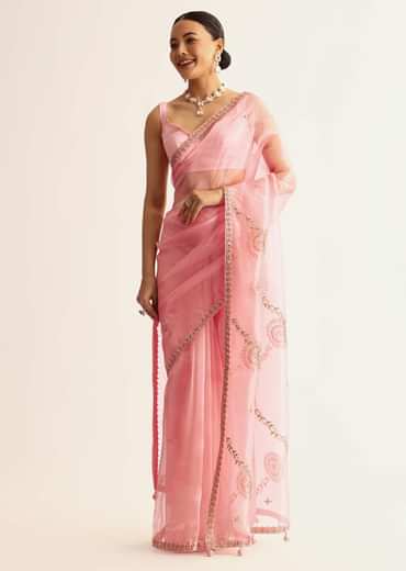 Pink Sequin Embroidered Organza Saree With Gotta Patti Embroidery
