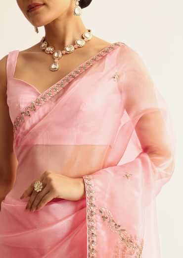 Pink Sequin Embroidered Organza Saree With Gotta Patti Embroidery