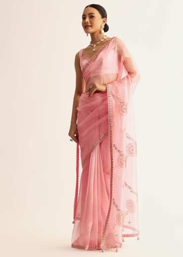 Pink Sequin Embroidered Organza Saree With Gotta Patti Embroidery
