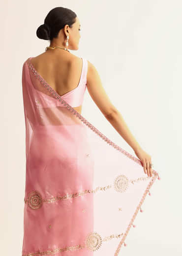 Pink Sequin Embroidered Organza Saree With Gotta Patti Embroidery
