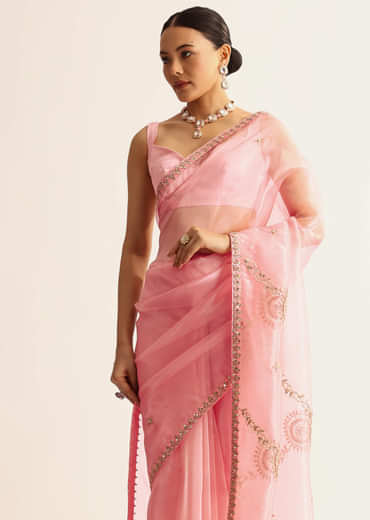 Pink Sequin Embroidered Organza Saree With Gotta Patti Embroidery