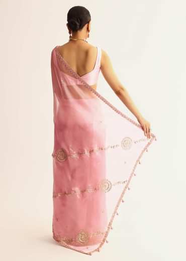 Pink Sequin Embroidered Organza Saree With Gotta Patti Embroidery