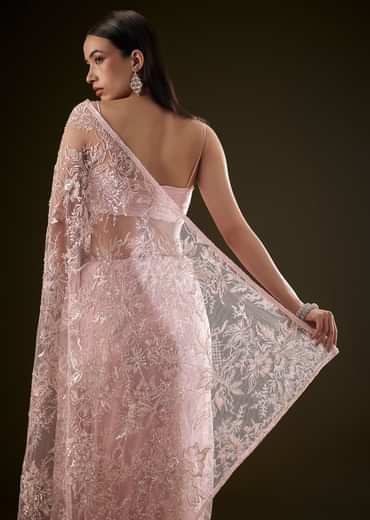 Pink Sequins Saree With Ruched Blouse