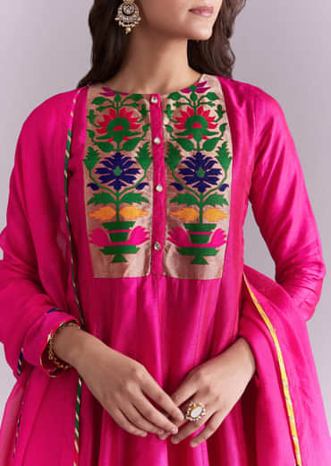 Pink Silk Anarkali Suit With Pathani Patch Work