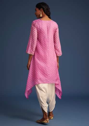 Pink Silk Bandhani Embroidered Asymmetrical Kurta Dhoti Set