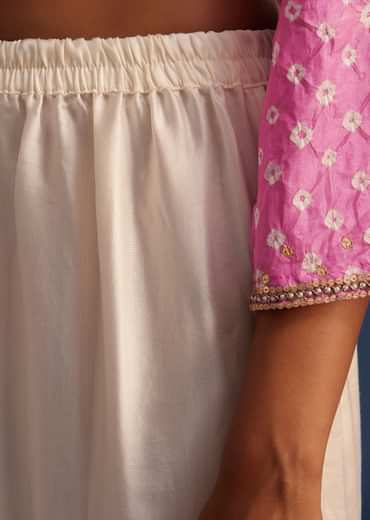 Pink Silk Bandhani Embroidered Asymmetrical Kurta Dhoti Set