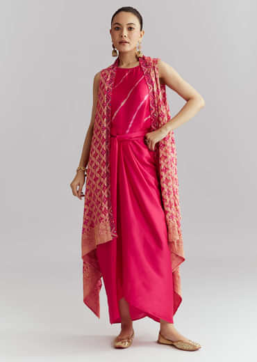 Pink Silk Crop Top And Wrap Skirt Set With Bandhani Print