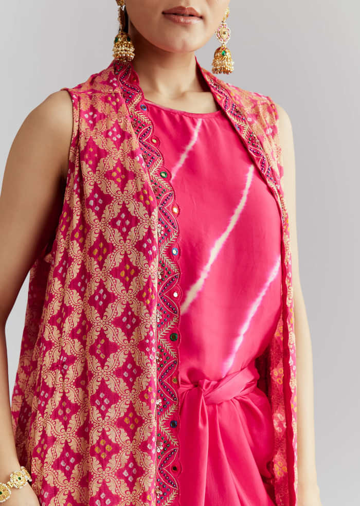 Pink Silk Crop Top And Wrap Skirt Set With Bandhani banarasi jacket
