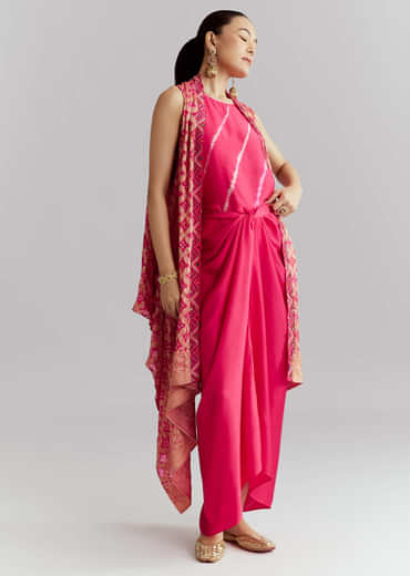 Pink Silk Crop Top And Wrap Skirt Set With Bandhani Print