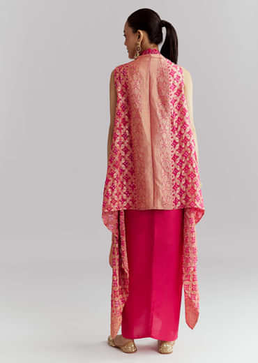 Pink Silk Crop Top And Wrap Skirt Set With Bandhani Print