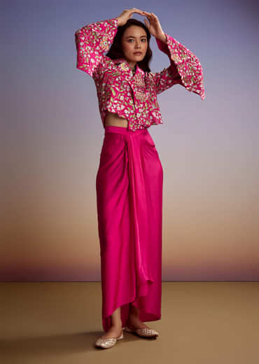 Pink Silk Crop Top And Drape Skirt With Resham Work