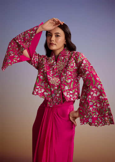 Pink Silk Crop Top And Drape Skirt With Resham Work
