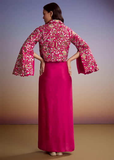 Pink Silk Crop Top And Drape Skirt With Resham Work