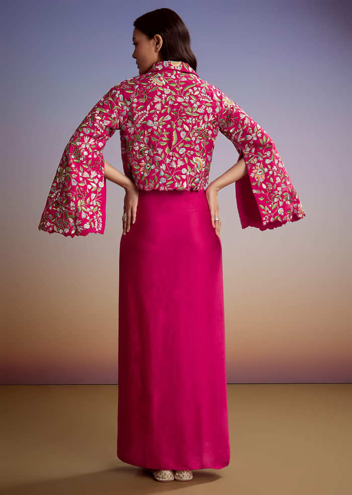 Pink Silk Crop Top And Drape Skirt With Resham Work