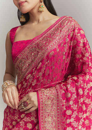 Pink Silk Embroidered Saree With Heavy Hand Embroidery