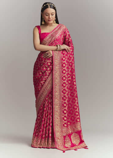 Pink Silk Embroidered Saree With Heavy Hand Embroidery