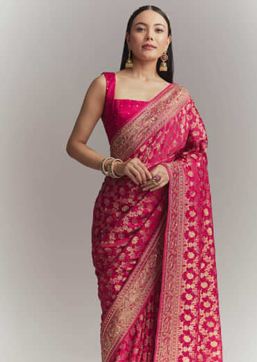 Pink Silk Embroidered Saree With Heavy Hand Embroidery